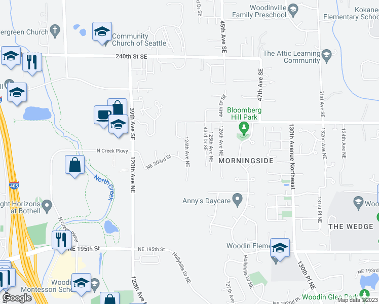 map of restaurants, bars, coffee shops, grocery stores, and more near 20312 124th Avenue Northeast in Bothell