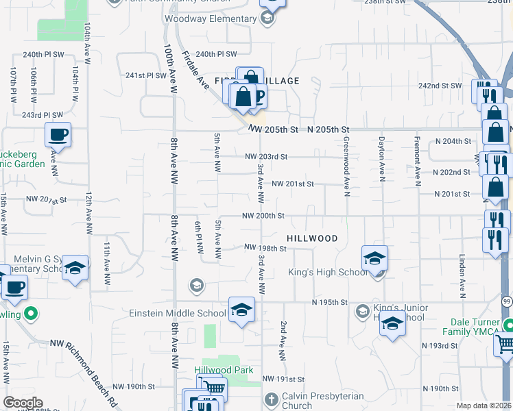 map of restaurants, bars, coffee shops, grocery stores, and more near 20028 3rd Avenue Northwest in Shoreline