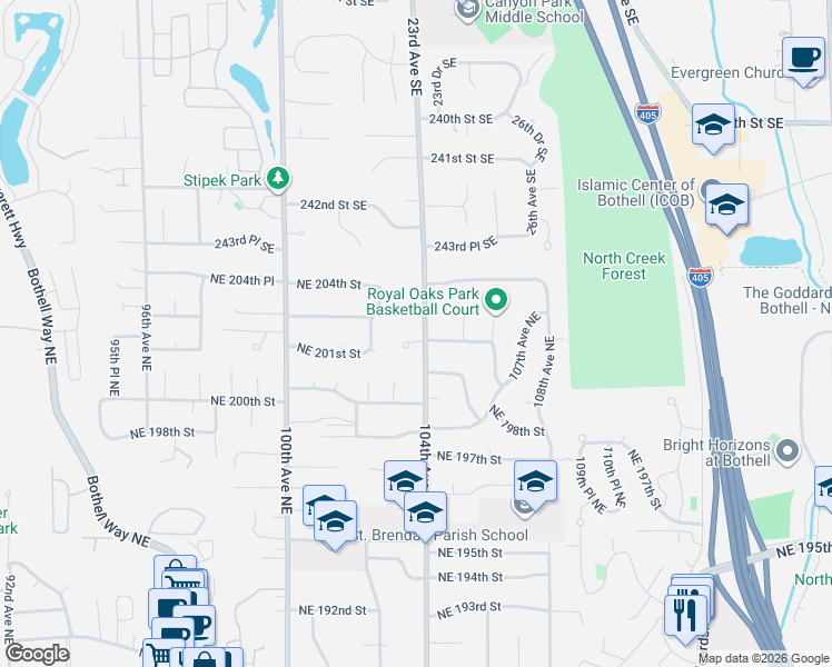 map of restaurants, bars, coffee shops, grocery stores, and more near 10332 Northeast 202nd Street in Bothell