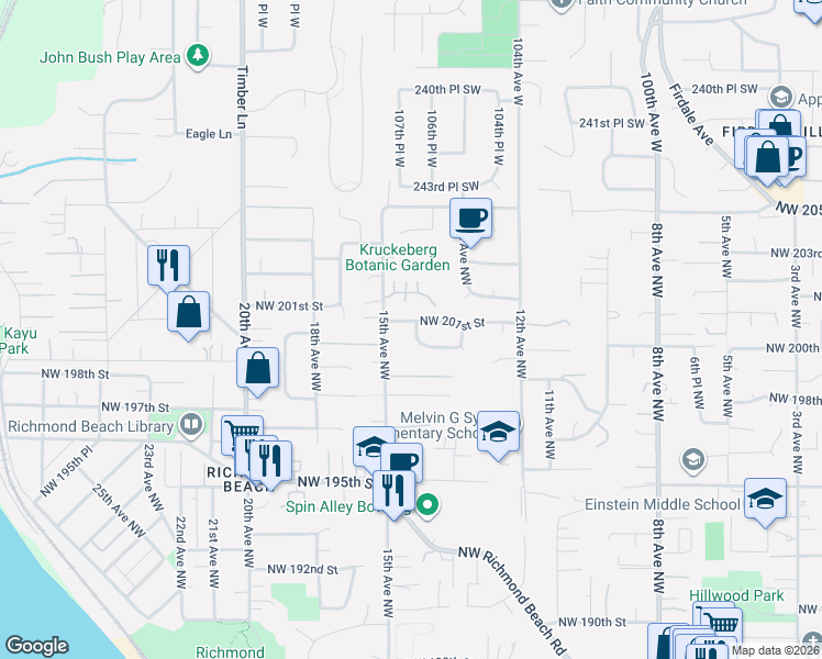 map of restaurants, bars, coffee shops, grocery stores, and more near 1400 Northwest 201st Street in Shoreline