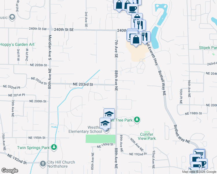 map of restaurants, bars, coffee shops, grocery stores, and more near 20332 86th Place Northeast in Bothell