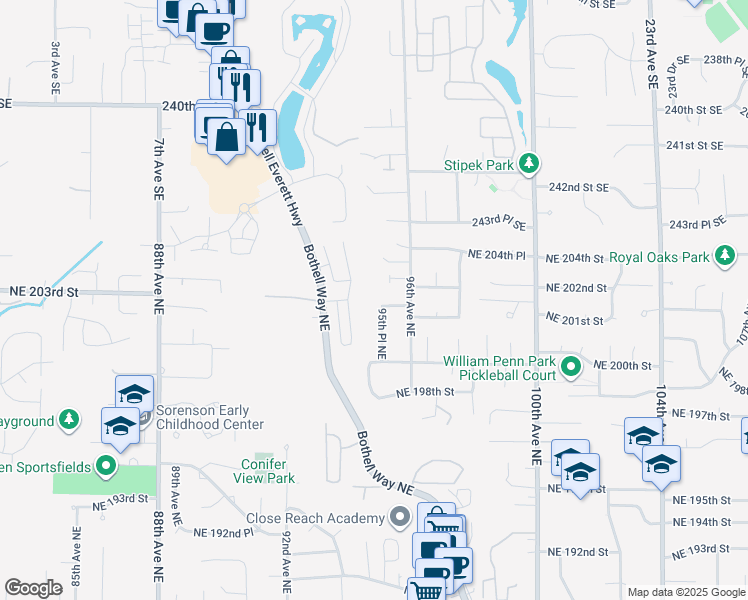 map of restaurants, bars, coffee shops, grocery stores, and more near 9502 Northeast 201st Street in Bothell