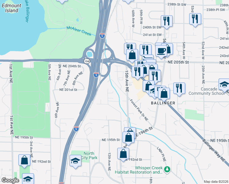 map of restaurants, bars, coffee shops, grocery stores, and more near 20042 12th Avenue Northeast in Shoreline