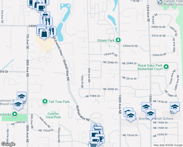 map of restaurants, bars, coffee shops, grocery stores, and more near 20107 96th Avenue Northeast in Bothell