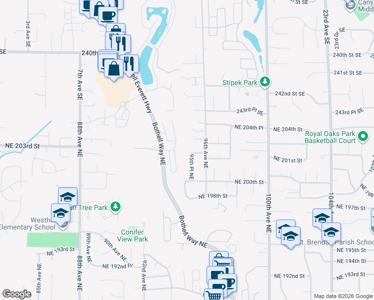 map of restaurants, bars, coffee shops, grocery stores, and more near 9502 Northeast 201st Street in Bothell