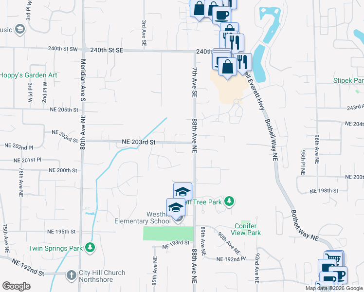 map of restaurants, bars, coffee shops, grocery stores, and more near 20332 86th Place Northeast in Bothell
