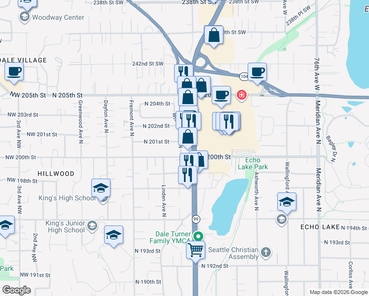 map of restaurants, bars, coffee shops, grocery stores, and more near 907 North 201st Street in Shoreline