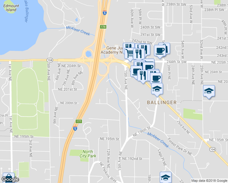 map of restaurants, bars, coffee shops, grocery stores, and more near 20042 12th Avenue Northeast in Shoreline
