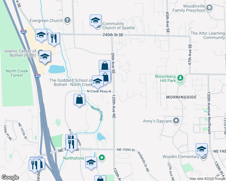 map of restaurants, bars, coffee shops, grocery stores, and more near 18218 North Creek Parkway in Bothell