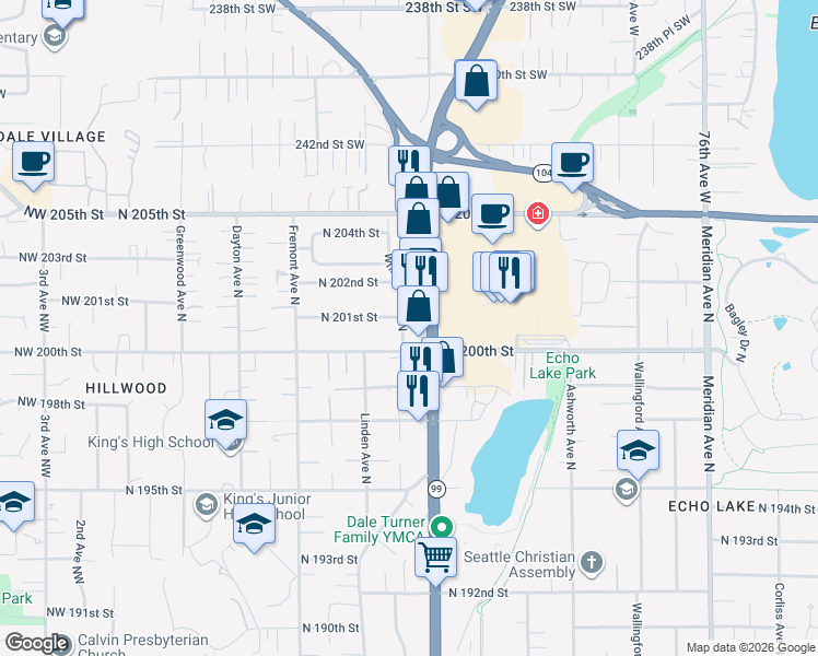 map of restaurants, bars, coffee shops, grocery stores, and more near 20060 Whitman Avenue North in Shoreline