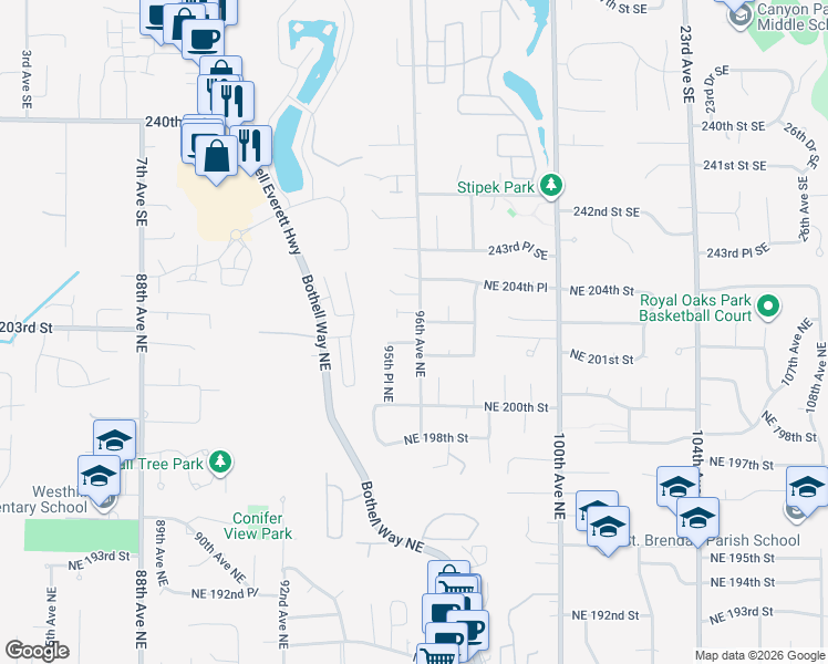 map of restaurants, bars, coffee shops, grocery stores, and more near 20107 96th Avenue Northeast in Bothell