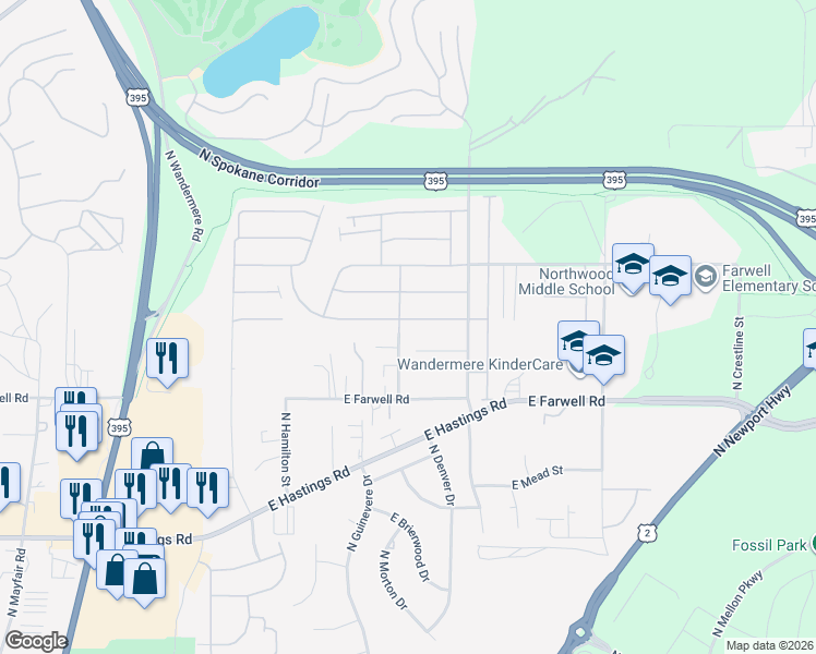 map of restaurants, bars, coffee shops, grocery stores, and more near 1210 East Cleveland Bay Lane in Spokane