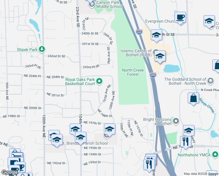 map of restaurants, bars, coffee shops, grocery stores, and more near 20217 108th Avenue Northeast in Bothell