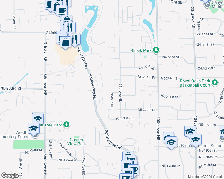 map of restaurants, bars, coffee shops, grocery stores, and more near 9502 Northeast 201st Street in Bothell
