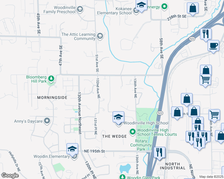 map of restaurants, bars, coffee shops, grocery stores, and more near 20236 134th Avenue Northeast in Woodinville