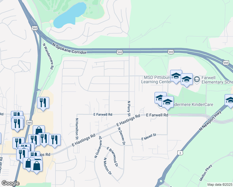 map of restaurants, bars, coffee shops, grocery stores, and more near 1210 East Cleveland Bay Lane in Spokane