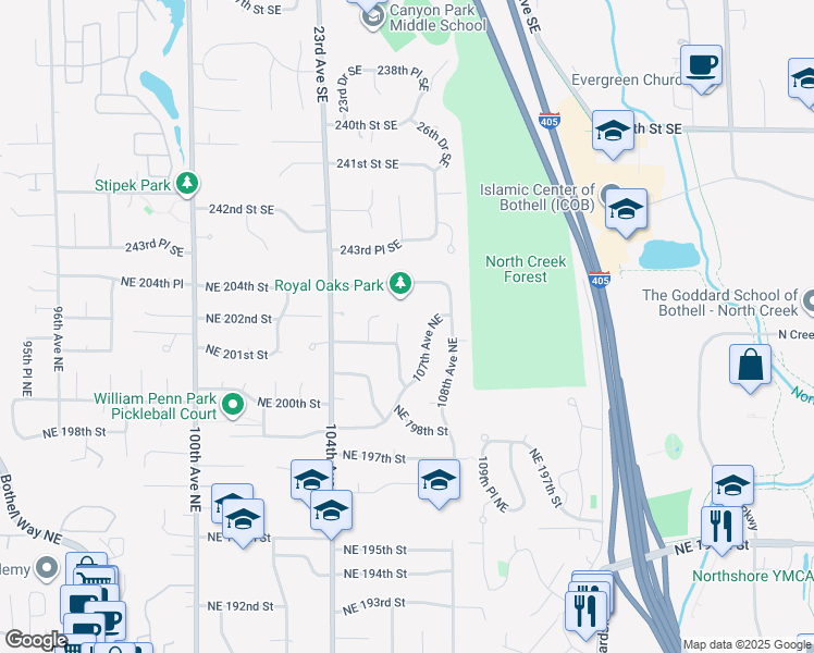 map of restaurants, bars, coffee shops, grocery stores, and more near 20155 106th Avenue Northeast in Bothell