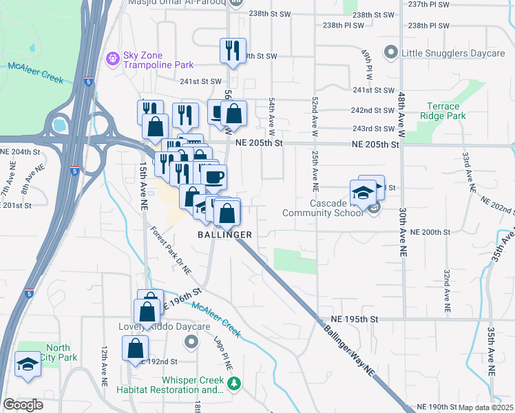 map of restaurants, bars, coffee shops, grocery stores, and more near 2200 Northeast 201st Place in Shoreline