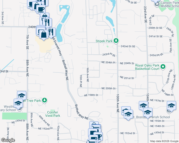 map of restaurants, bars, coffee shops, grocery stores, and more near 20107 96th Avenue Northeast in Bothell
