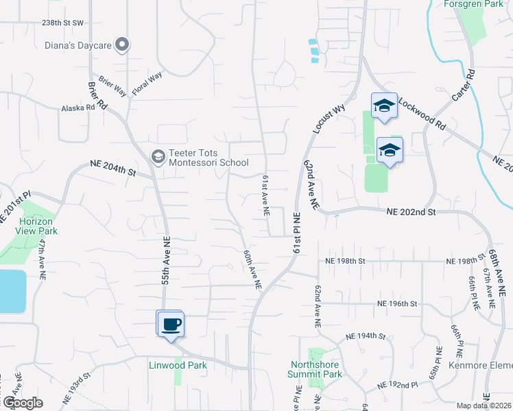 map of restaurants, bars, coffee shops, grocery stores, and more near 20205 61st Avenue Northeast in Kenmore