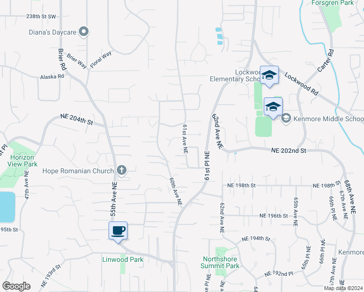 map of restaurants, bars, coffee shops, grocery stores, and more near 20205 61st Avenue Northeast in Kenmore