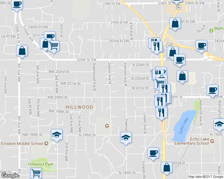 map of restaurants, bars, coffee shops, grocery stores, and more near 604 North 201st Street in Shoreline