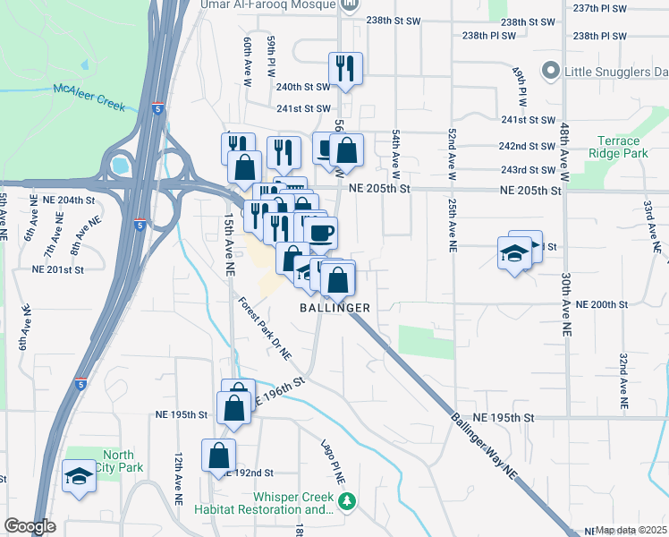 map of restaurants, bars, coffee shops, grocery stores, and more near 20016 19th Avenue Northeast in Shoreline