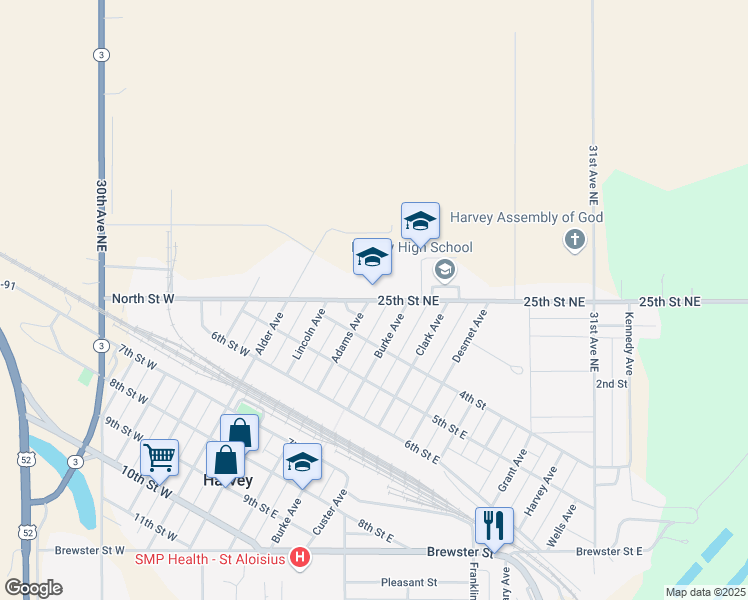 map of restaurants, bars, coffee shops, grocery stores, and more near 210 North Saint East in Harvey