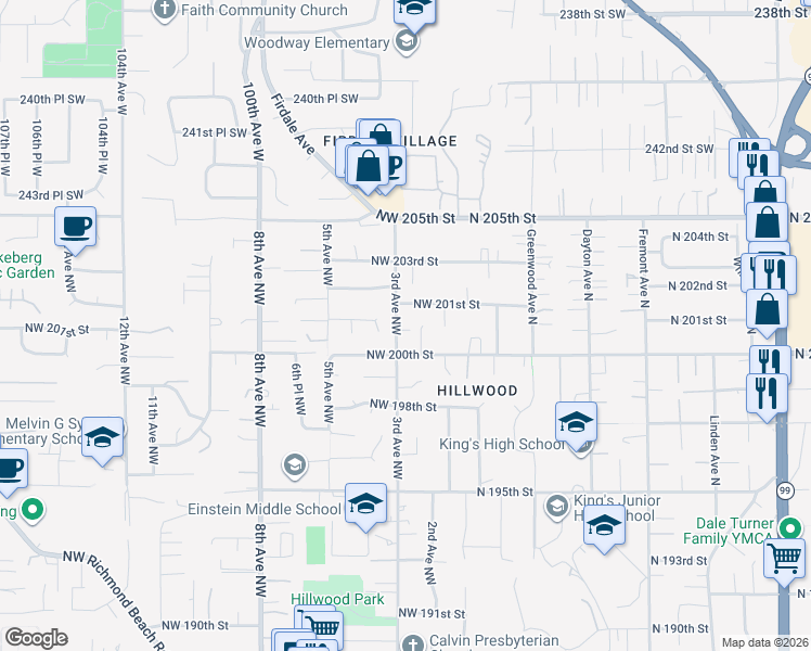 map of restaurants, bars, coffee shops, grocery stores, and more near 20028 3rd Avenue Northwest in Shoreline