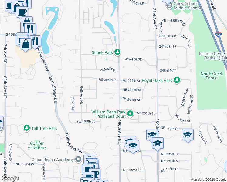 map of restaurants, bars, coffee shops, grocery stores, and more near 9921 Northeast 202nd Street in Bothell