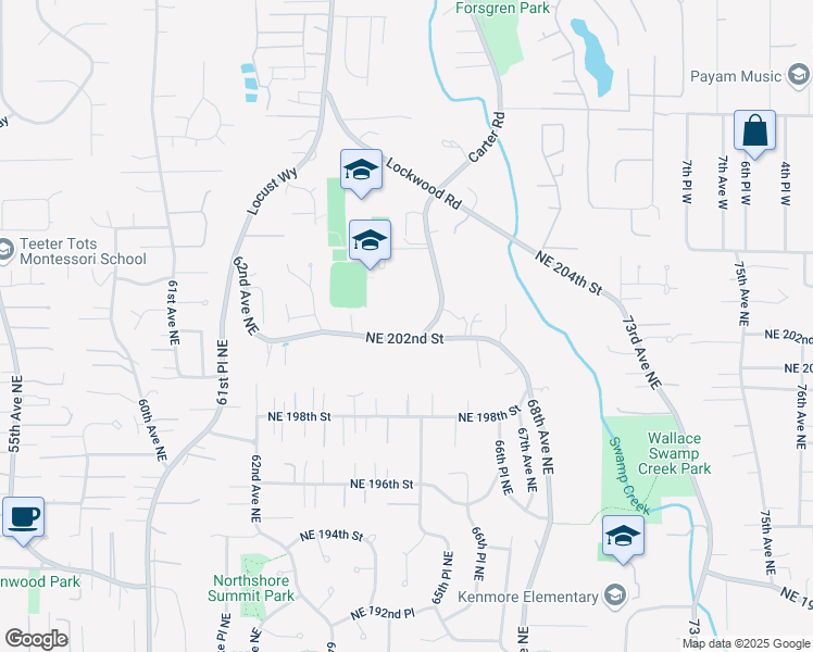 map of restaurants, bars, coffee shops, grocery stores, and more near 6520 Northeast 202nd Street in Kenmore