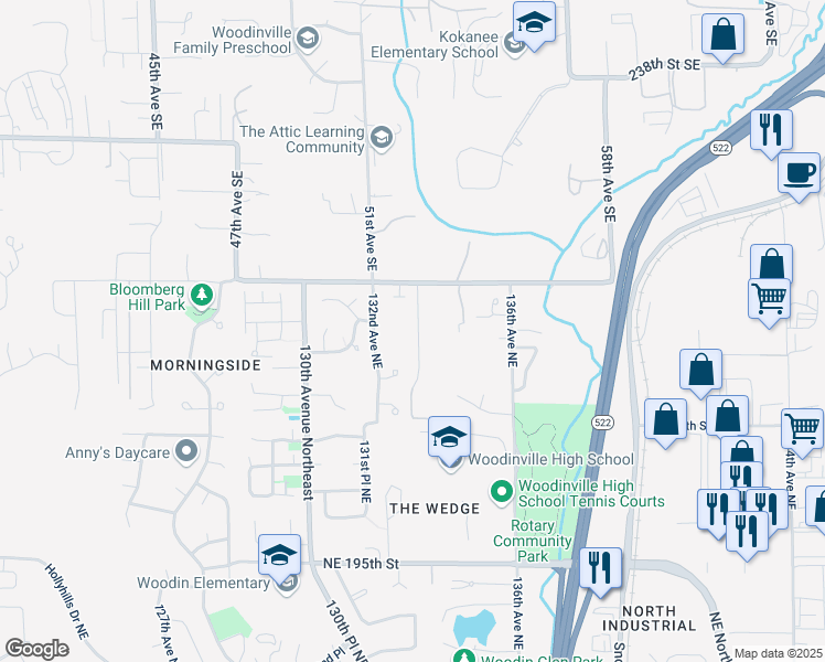 map of restaurants, bars, coffee shops, grocery stores, and more near 20237 134th Avenue Northeast in Woodinville