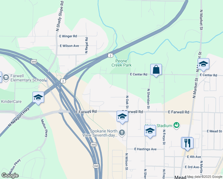 map of restaurants, bars, coffee shops, grocery stores, and more near 3116 East Center Road in Mead