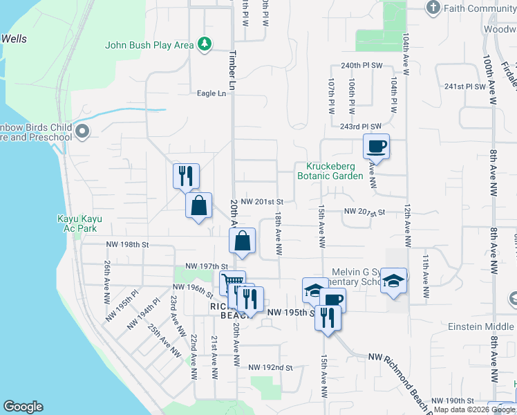 map of restaurants, bars, coffee shops, grocery stores, and more near 1843 Northwest 201st Street in Shoreline