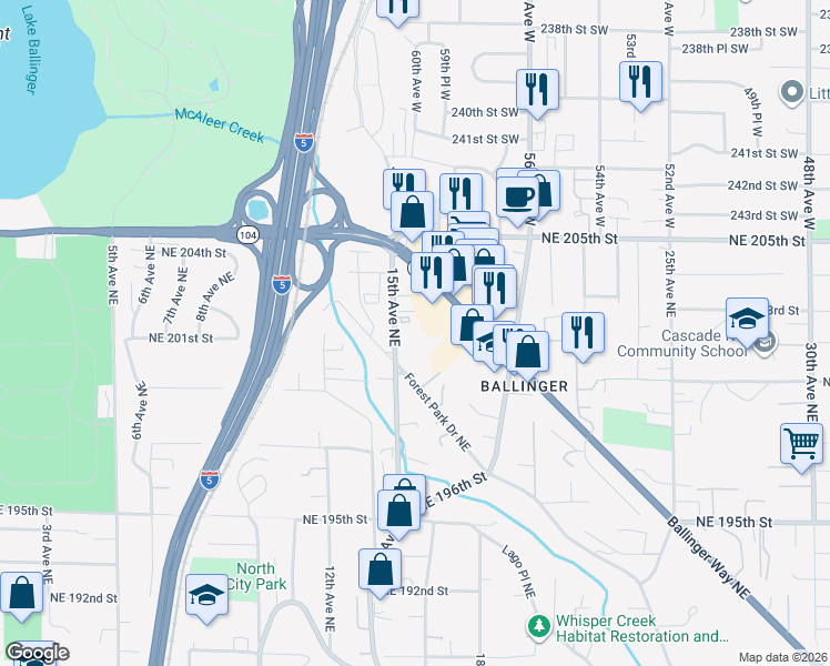 map of restaurants, bars, coffee shops, grocery stores, and more near 20028 15th Avenue Northeast in Shoreline