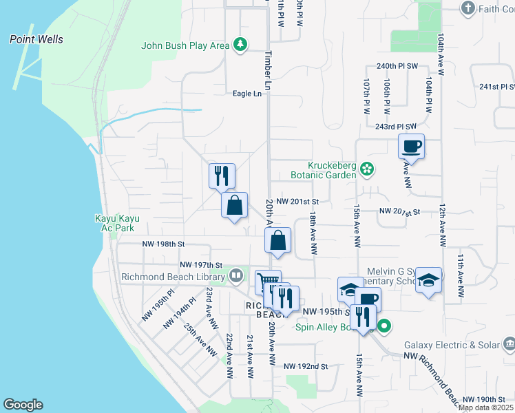map of restaurants, bars, coffee shops, grocery stores, and more near 20104 21st Place Northwest in Shoreline