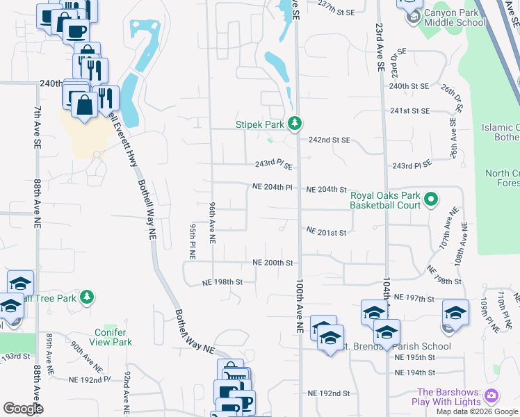 map of restaurants, bars, coffee shops, grocery stores, and more near 9809 NE 202nd St in Bothell