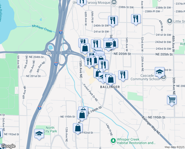 map of restaurants, bars, coffee shops, grocery stores, and more near 20057 Ballinger Way Northeast in Shoreline