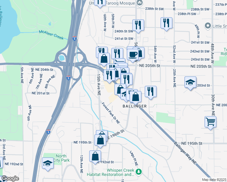 map of restaurants, bars, coffee shops, grocery stores, and more near 20059 Ballinger Way Northeast in Seattle