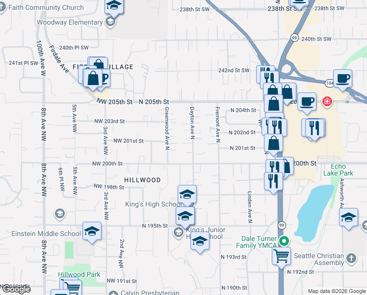 map of restaurants, bars, coffee shops, grocery stores, and more near 20026 Greenwood Avenue North in Shoreline