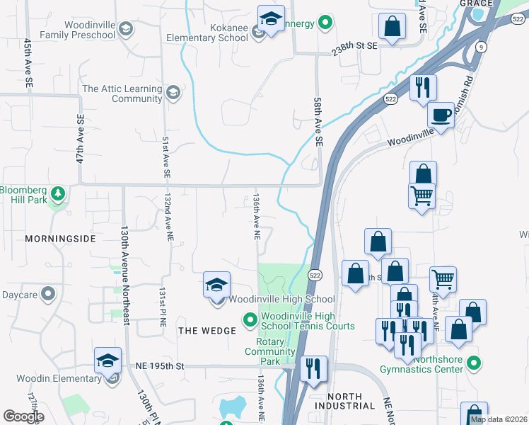 map of restaurants, bars, coffee shops, grocery stores, and more near 13630 Northeast 203rd Street in Woodinville