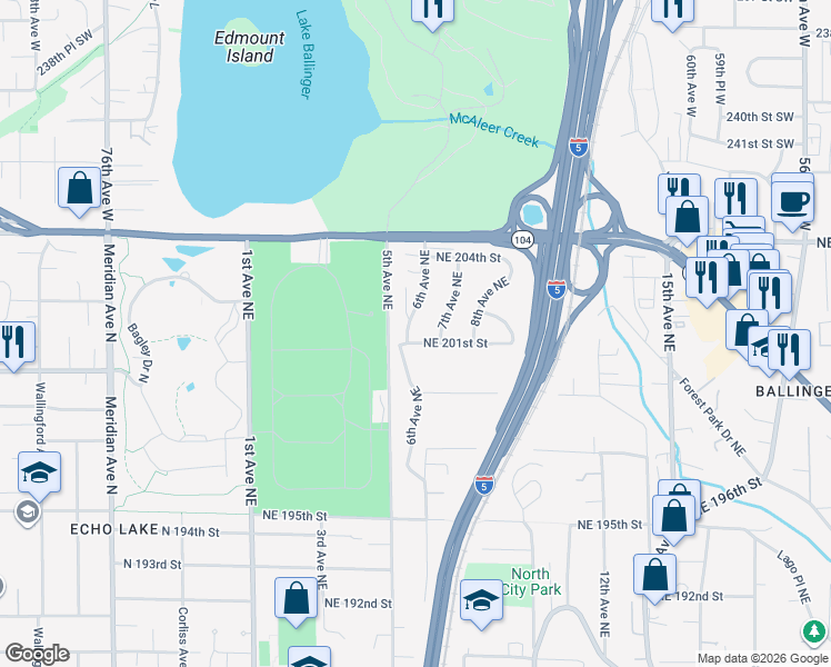 map of restaurants, bars, coffee shops, grocery stores, and more near 602 Northeast 201st Street in Shoreline