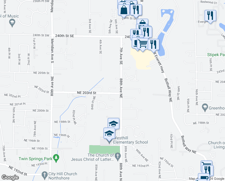 map of restaurants, bars, coffee shops, grocery stores, and more near 20332 86th Place Northeast in Bothell