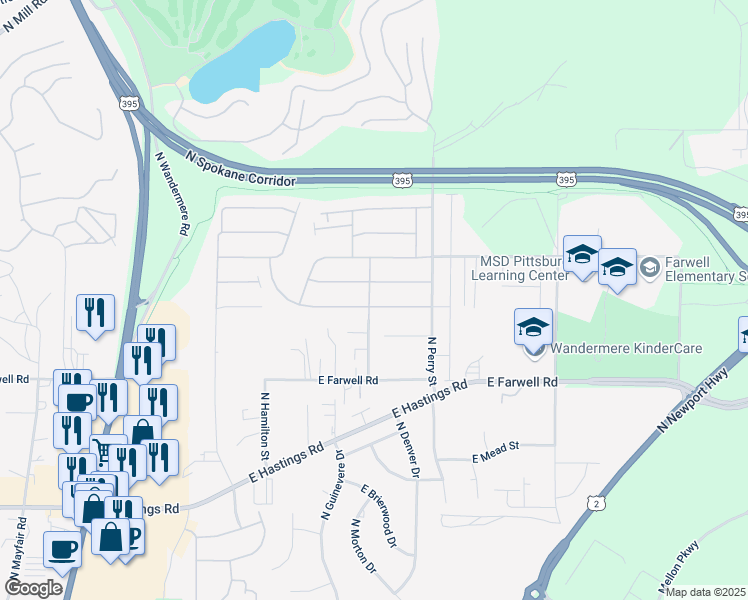 map of restaurants, bars, coffee shops, grocery stores, and more near 1210 East Cleveland Bay Lane in Spokane