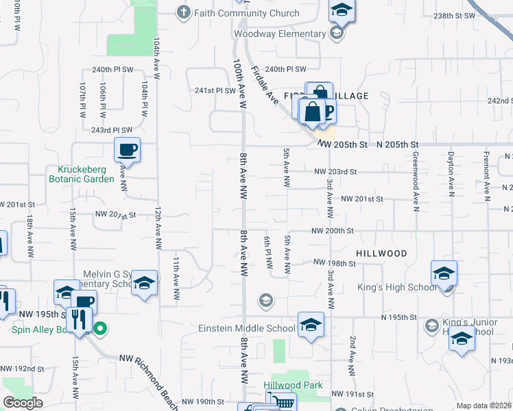map of restaurants, bars, coffee shops, grocery stores, and more near 529 Northwest 201st Place in Shoreline