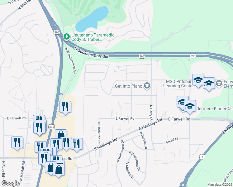 map of restaurants, bars, coffee shops, grocery stores, and more near 1009 East Cleveland Bay Lane in Spokane