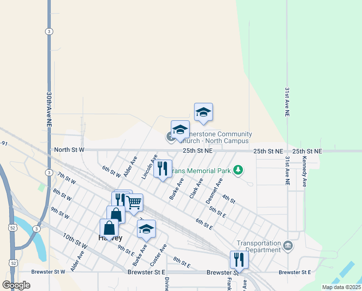 map of restaurants, bars, coffee shops, grocery stores, and more near 210 North Saint East in Harvey