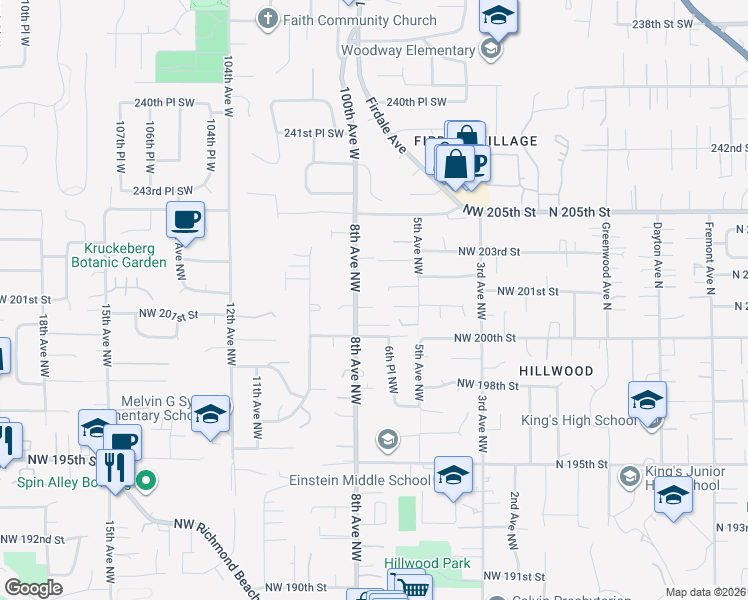 map of restaurants, bars, coffee shops, grocery stores, and more near 529 Northwest 201st Place in Shoreline