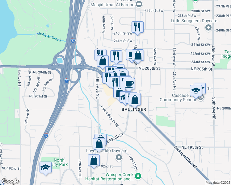 map of restaurants, bars, coffee shops, grocery stores, and more near 20059 Ballinger Way Northeast in Seattle