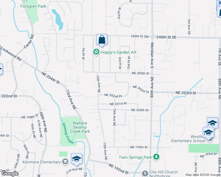 map of restaurants, bars, coffee shops, grocery stores, and more near 7535 Northeast 203rd Street in Kenmore